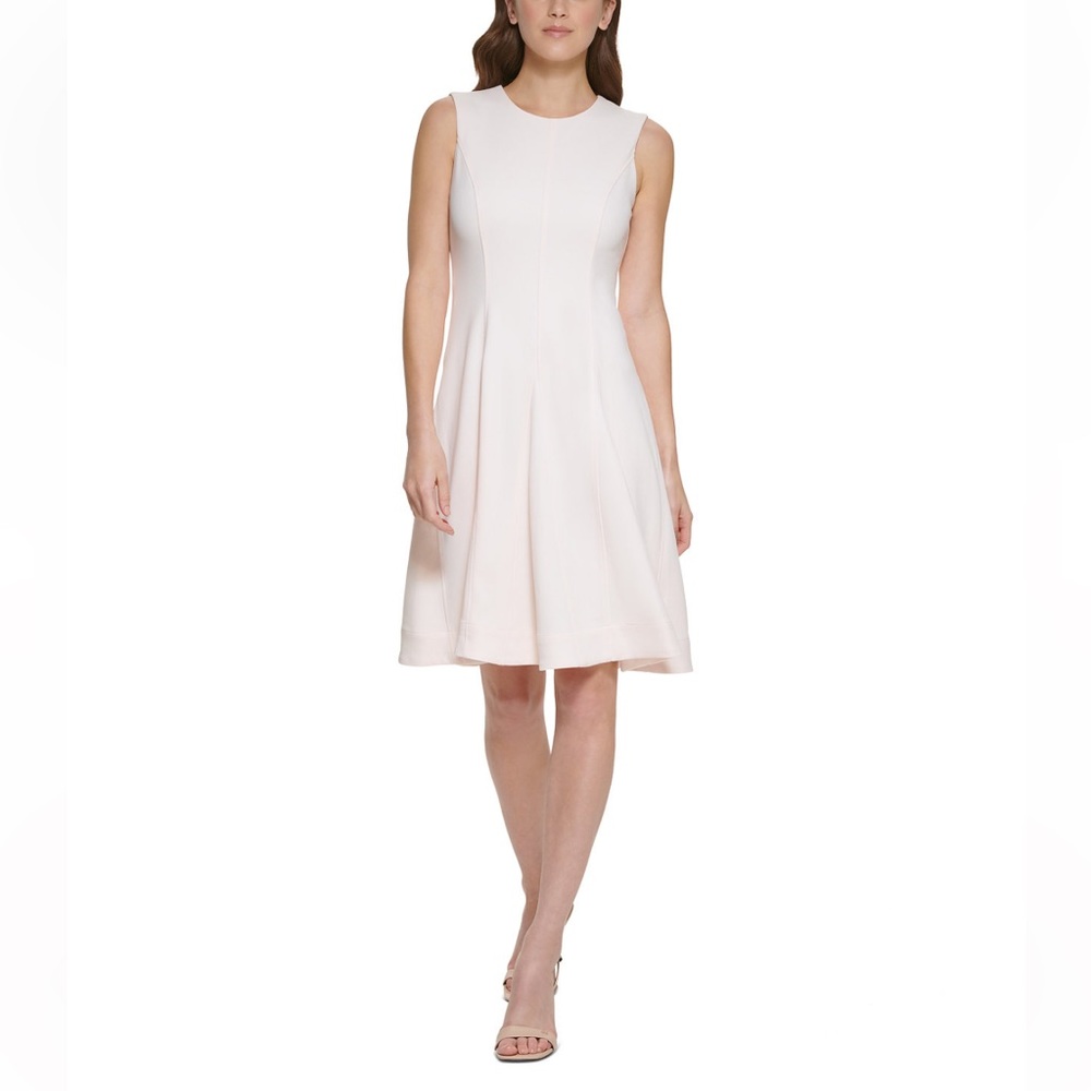 NWOT Calvin Klein Fit and Flare Petite Scuba Flounce Dress 12P Pale Pink